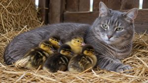 A grey cat lying in straw with four ducklings nestled against its side