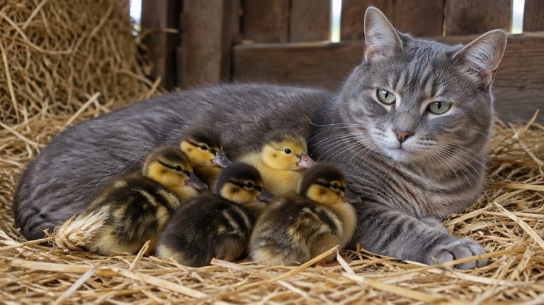A grey cat lying in straw with four ducklings nestled against its side
