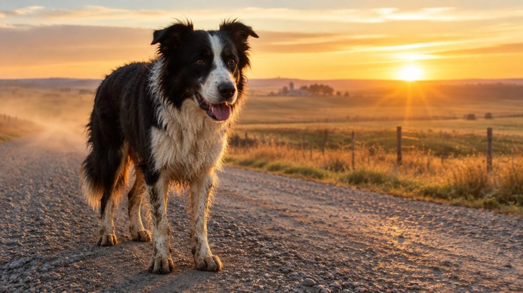 A border collie standing on a rural gravel road at sunrise