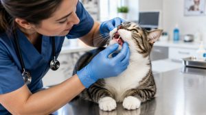 A veterinarian’s gloved hands examining a cat on a clinic table