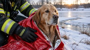 A golden retriever wrapped in a blanket beside a frozen pond