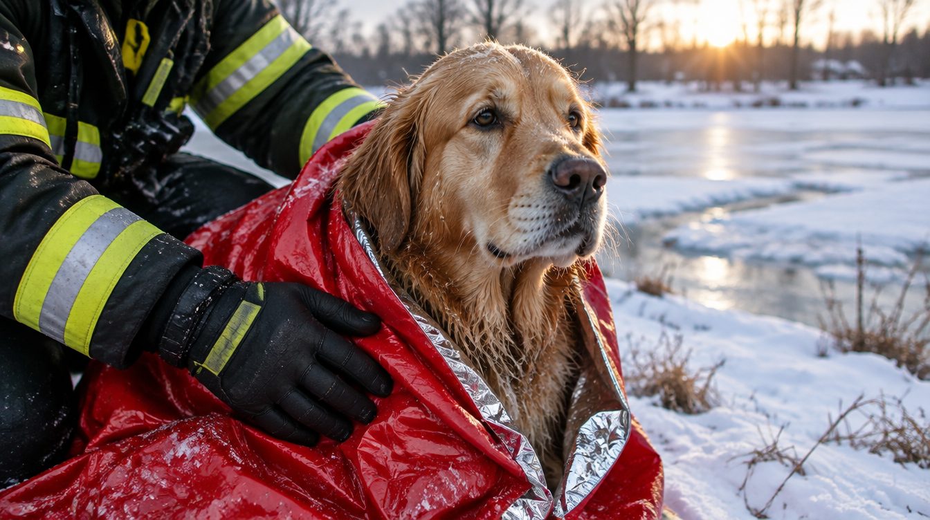 A golden retriever wrapped in a blanket beside a frozen pond