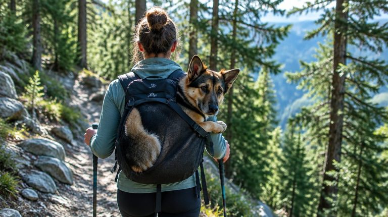 A hiker carrying a german shepherd mix down a forest trail