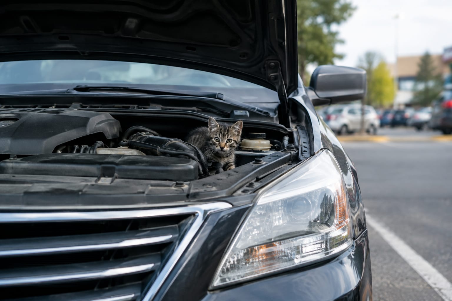 Kitten found hiding near a car engine bay