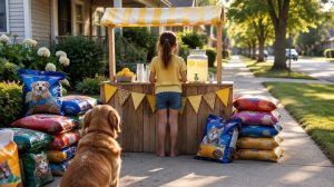 A child’s lemonade stand on a sidewalk surrounded by bags of pet food