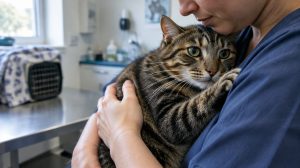 A tabby cat held close against a person’s chest in a veterinary clinic
