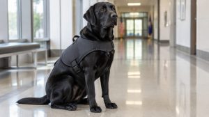 A black labrador in a plain service vest sitting in a bright corridor