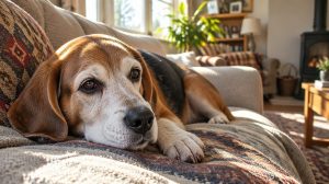 An elderly beagle with a greying muzzle resting on a couch in a sunlit room