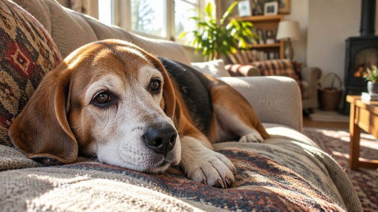 An elderly beagle with a greying muzzle resting on a couch in a sunlit room