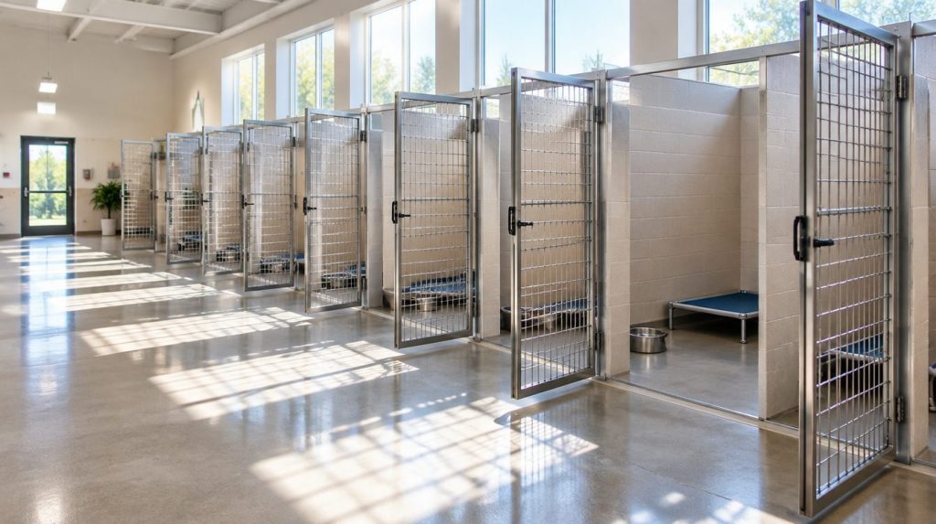 A row of empty dog kennels with open gates in an animal shelter