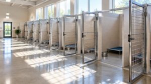 A row of empty dog kennels with open gates in an animal shelter