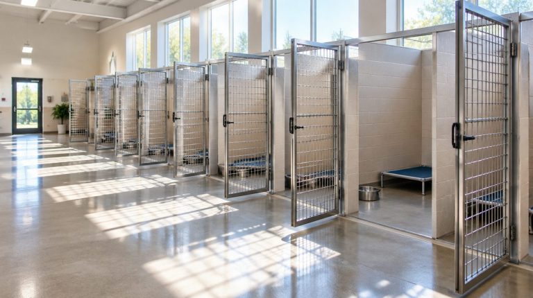 A row of empty dog kennels with open gates in an animal shelter